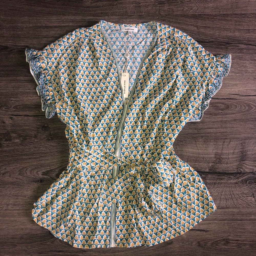 Max Studio Floral Top Ruffle Green Marigold M